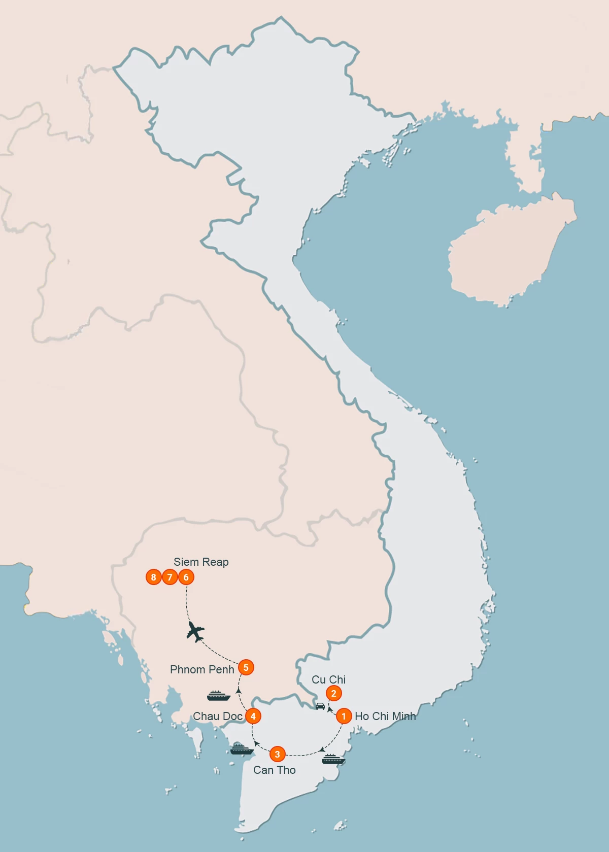 map Explorer along Mekong Delta of Vietnam to Cambodia