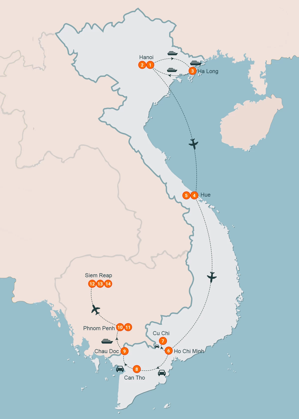 map Best of Vietnam & Cambodia Tour 14 Days