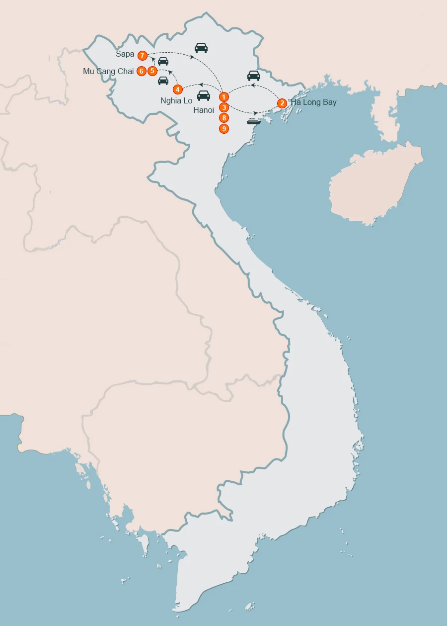 map Mu Cang Chai – Sapa – Halong 9 Days