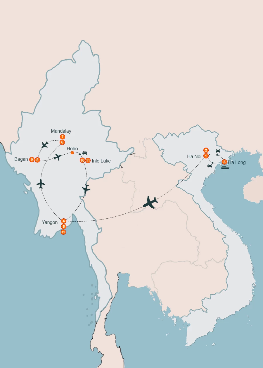 map Glimpse of Myanmar & Northern Vietnam 12 Days