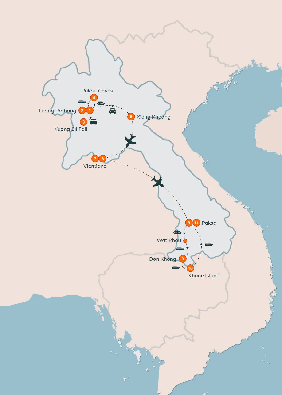 map Highlights of Laos Tour