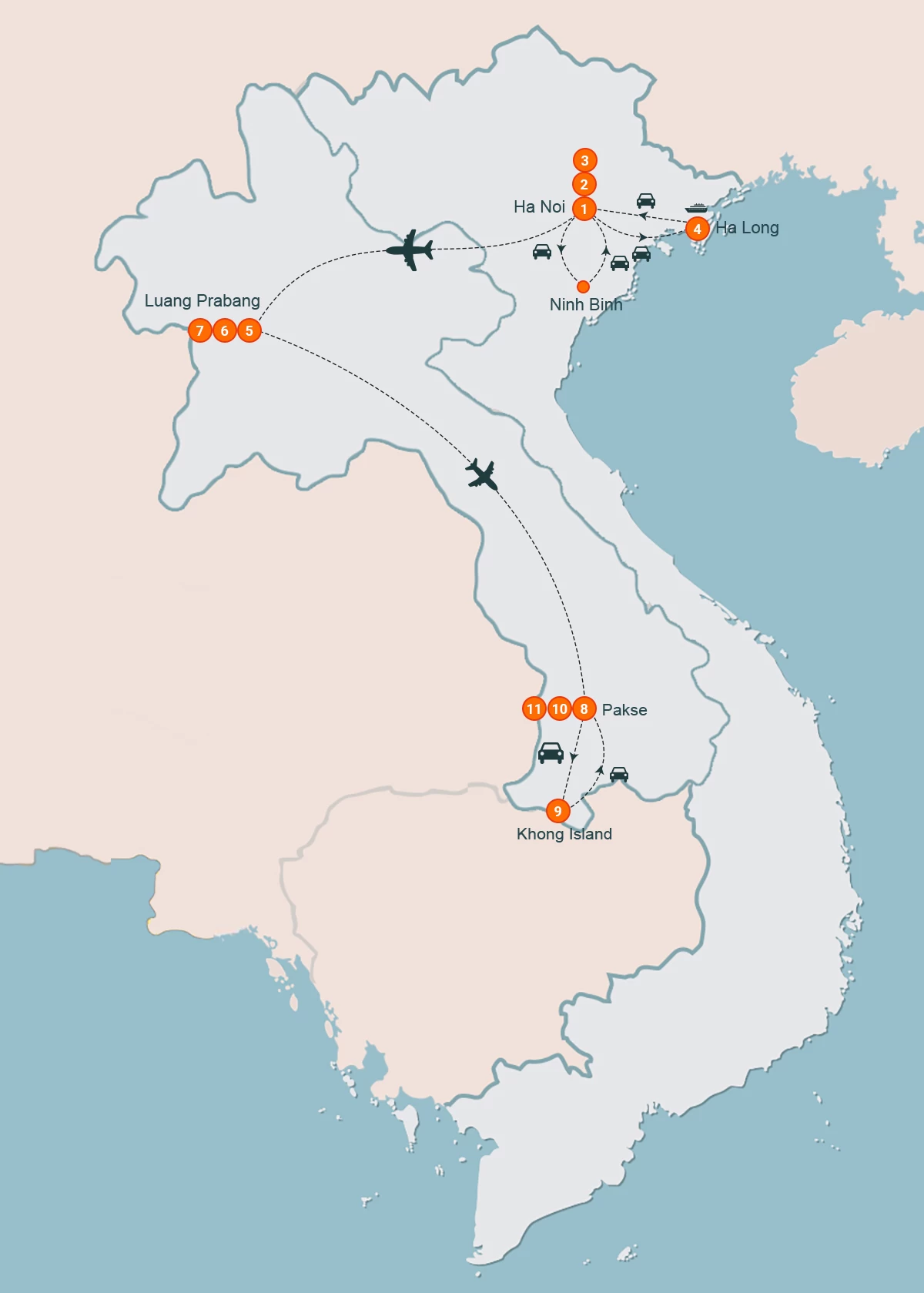 map Highlights of Laos & Northern Vietnam 11 Days