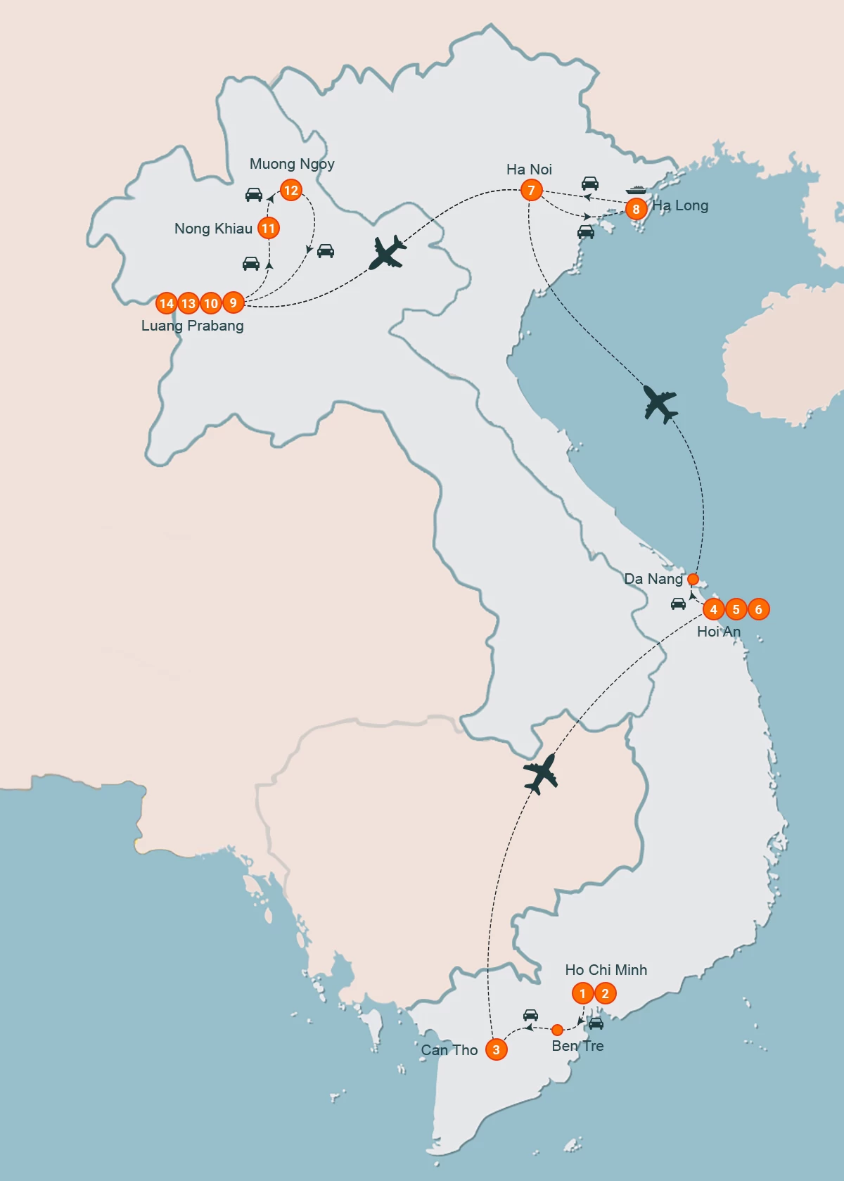 map Vietnam – Laos Exploration 14 Days