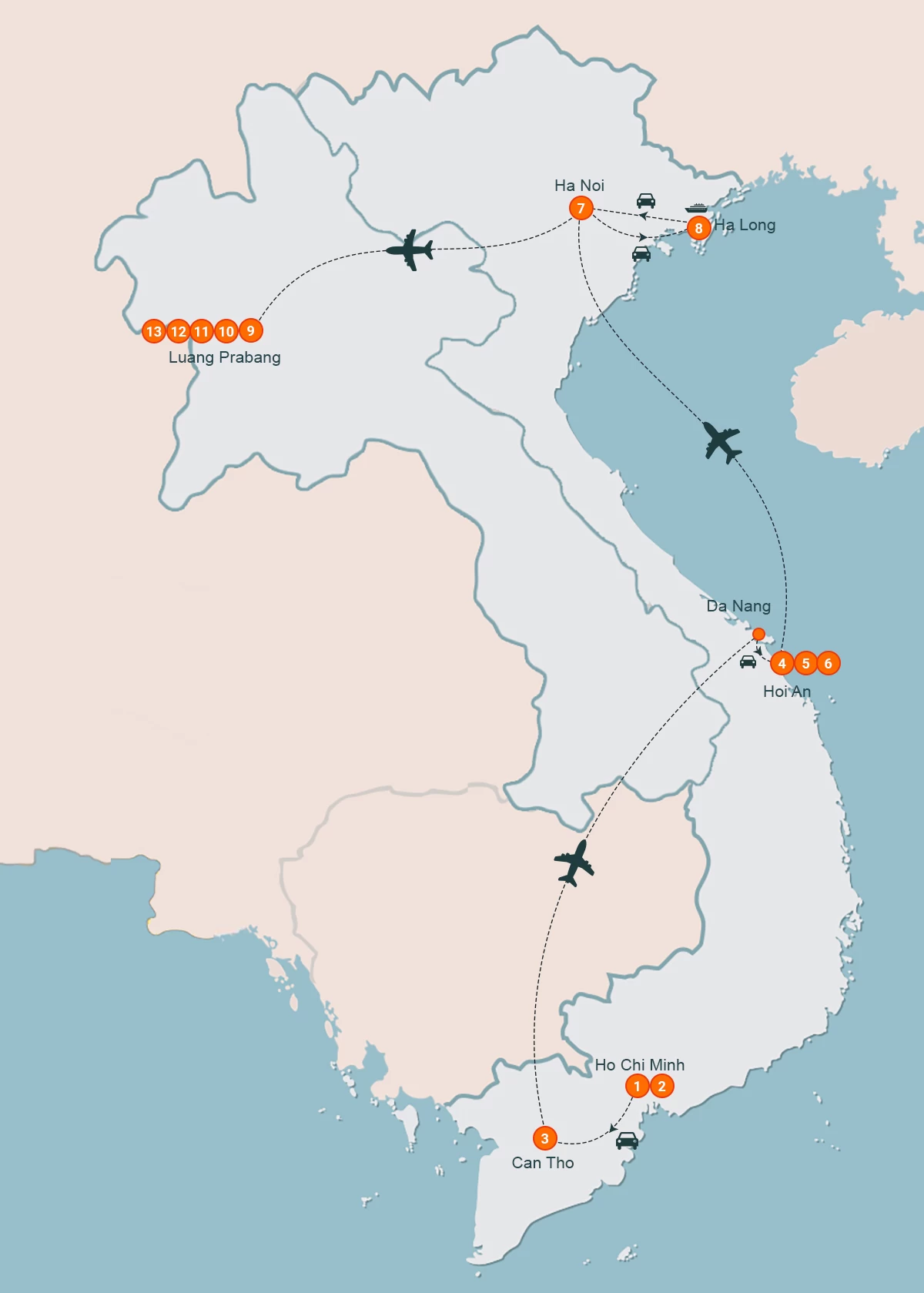 map Journey of vietnam & laos 13 days
