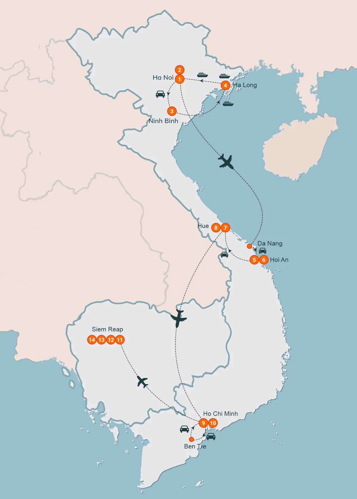 map Best Cultural Heritage of Vietnam & Cambodia 14 Days
