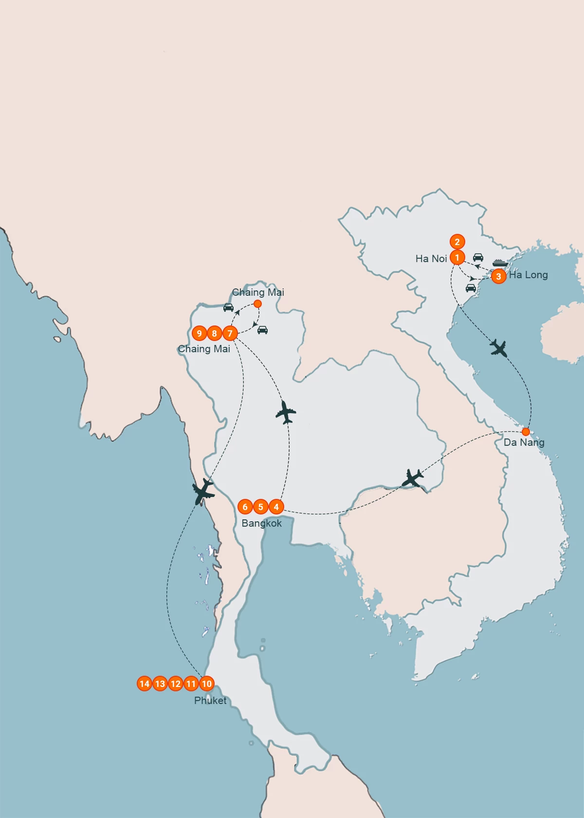 map Vietnam – Thailand Exploring & Relaxing 14 Days