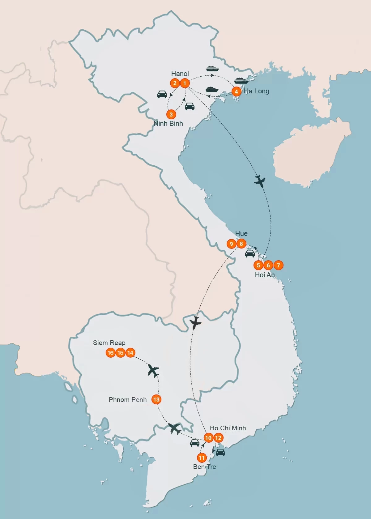 map Discover Vietnam & Cambodia 16 Days