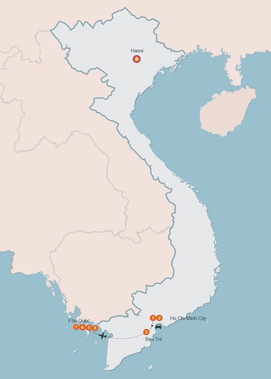map Southern Vietnam Itinerary Route 7 Days